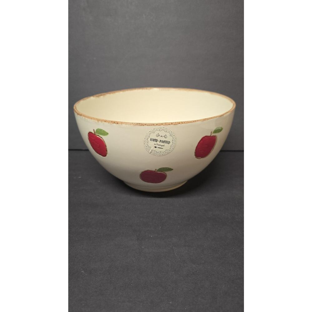 Unmarked White Ceramic Serving Bowl Red Apple Hand Painted Portugal Kitchen